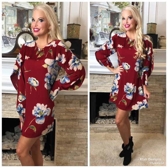 ❤️ LAST 2! Red Wine Fully Lined Floral Swing Dress - Picture 2 of 6